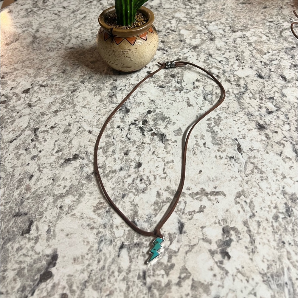 Brown Leather Necklace with Silver and Turquoise Pendant